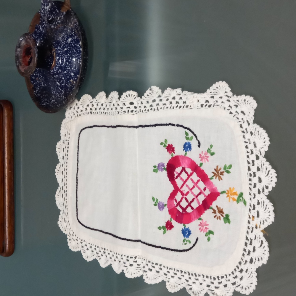 Vintage European Hand Crafted Doiley with Heart And Flowers